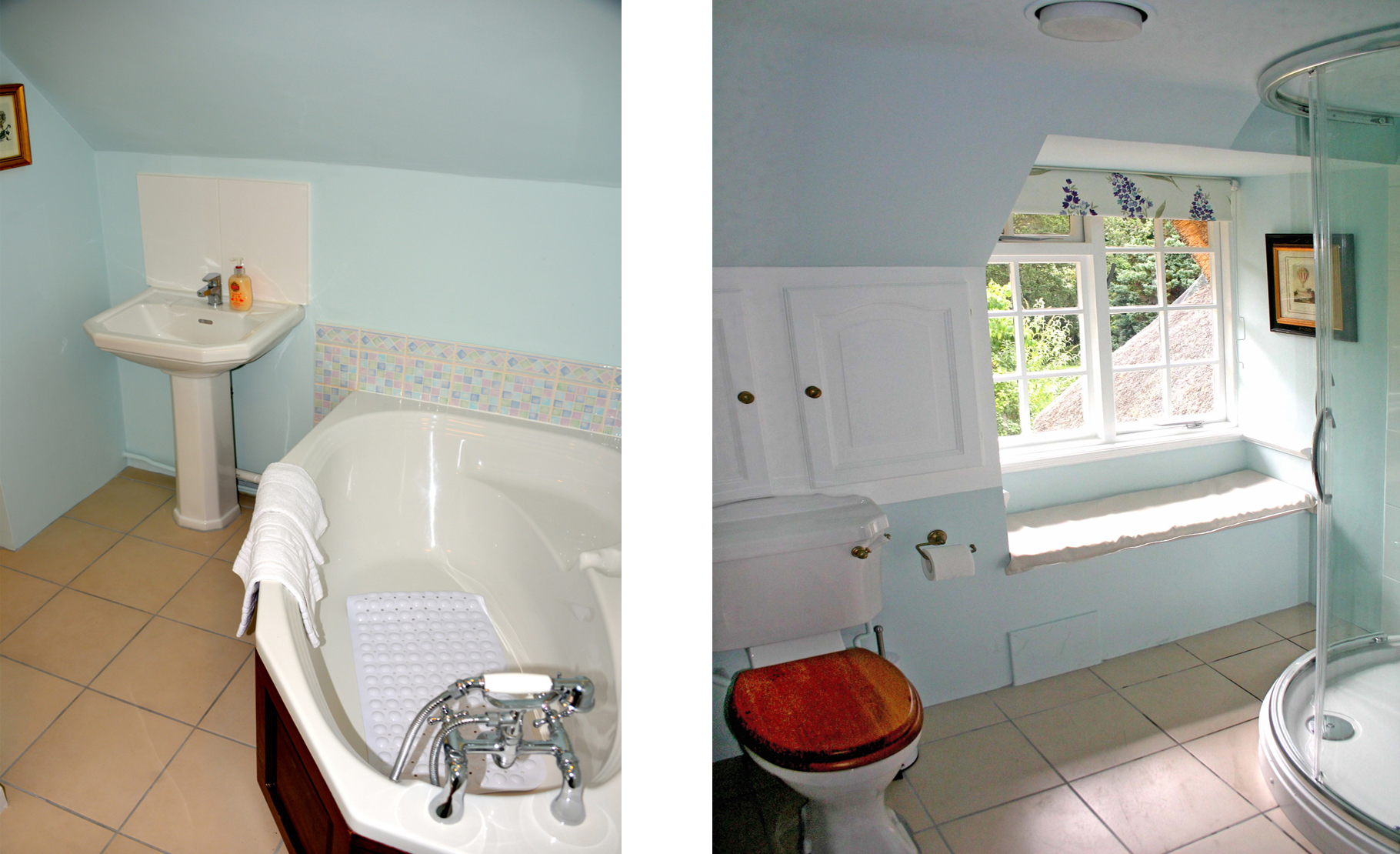 Beck Cottage family bathroom with corner bath and shower cubicle and window seat overlooking the garden. copy.jpg